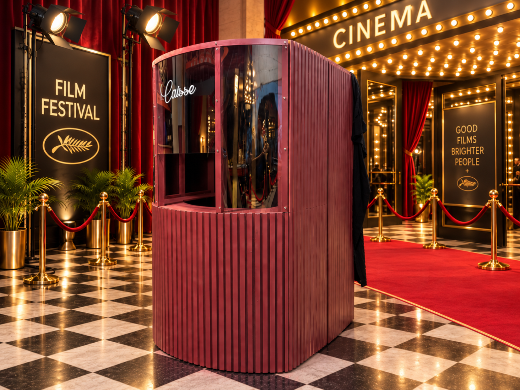Caisse de cinéma vintage bordeaux dans une ambiance de festival du cinéma avec tapis rouge