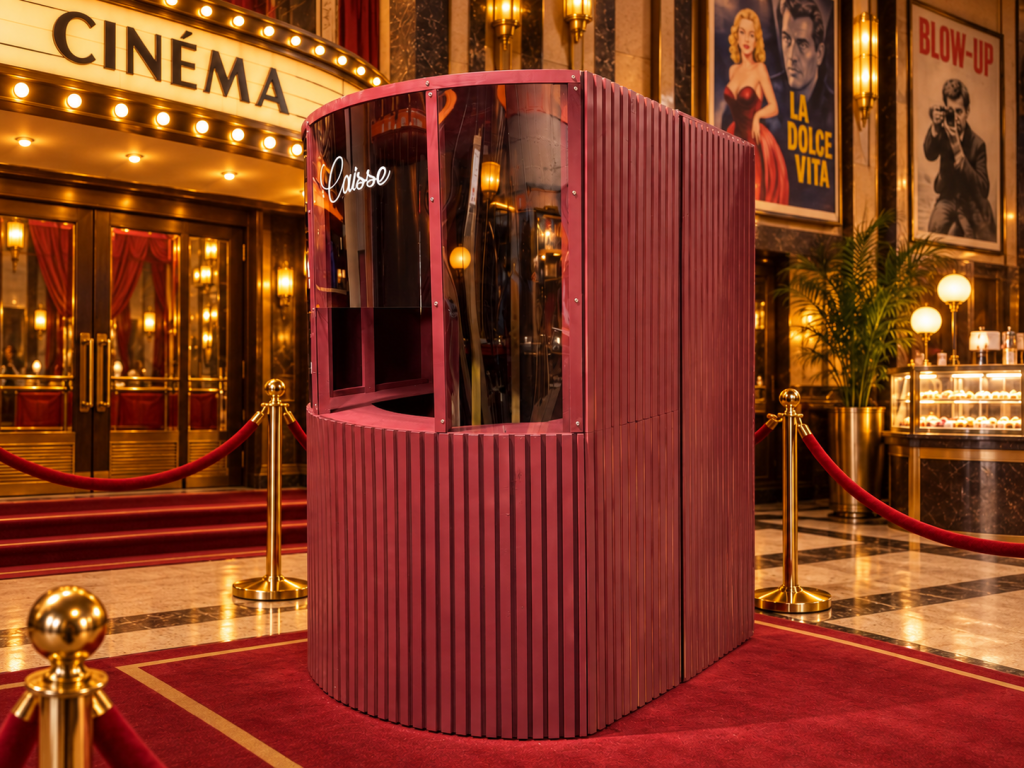 Caisse de cinéma vintage bordeaux dans un hall de cinéma rétro, sans accessoires parasites
