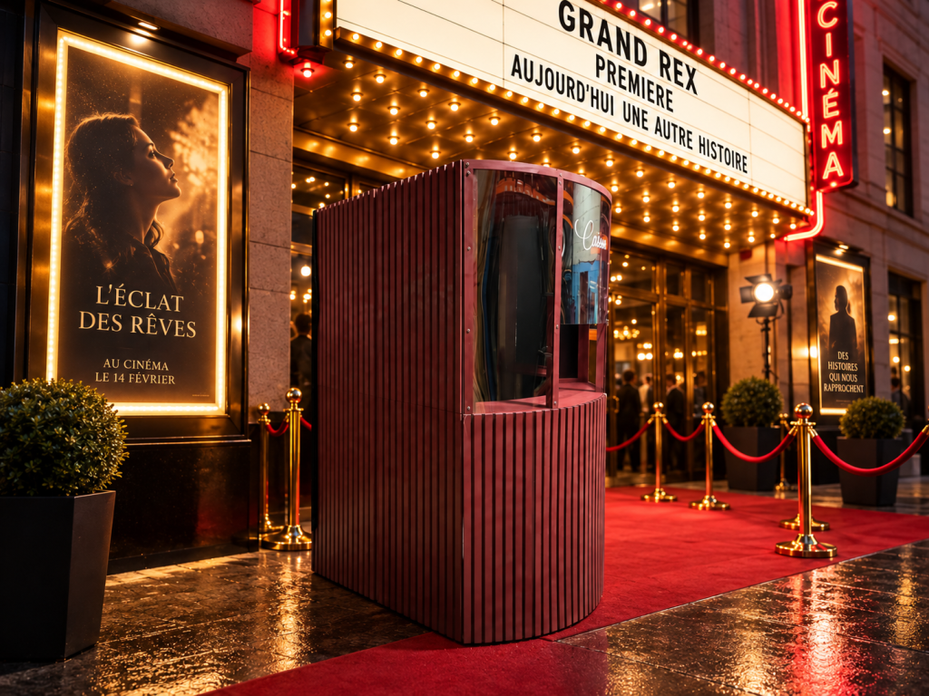 Caisse de cinéma vintage bordeaux mise en scène devant un cinéma de prestige avec tapis rouge