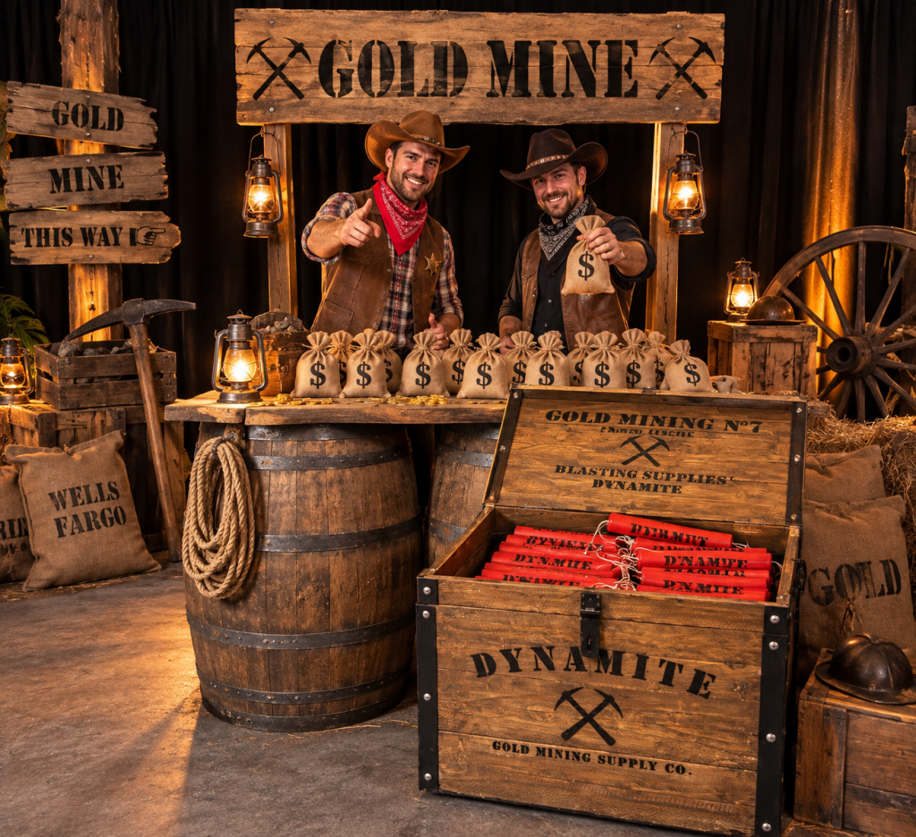 Coffre de dynamite en décor Far West avec mine d’or
