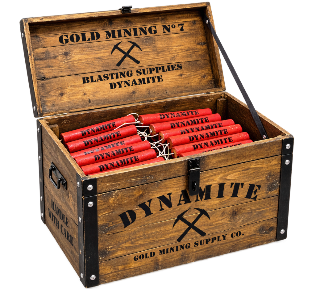 Coffre de dynamite décoratif Far West ouvert avec fausses charges de dynamite