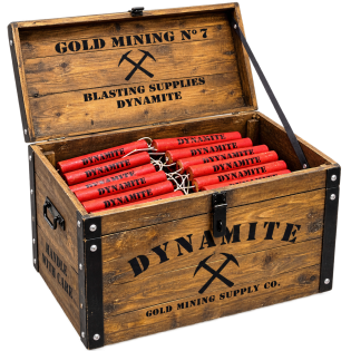 Coffre de dynamite décoratif Far West ouvert avec fausses charges de dynamite