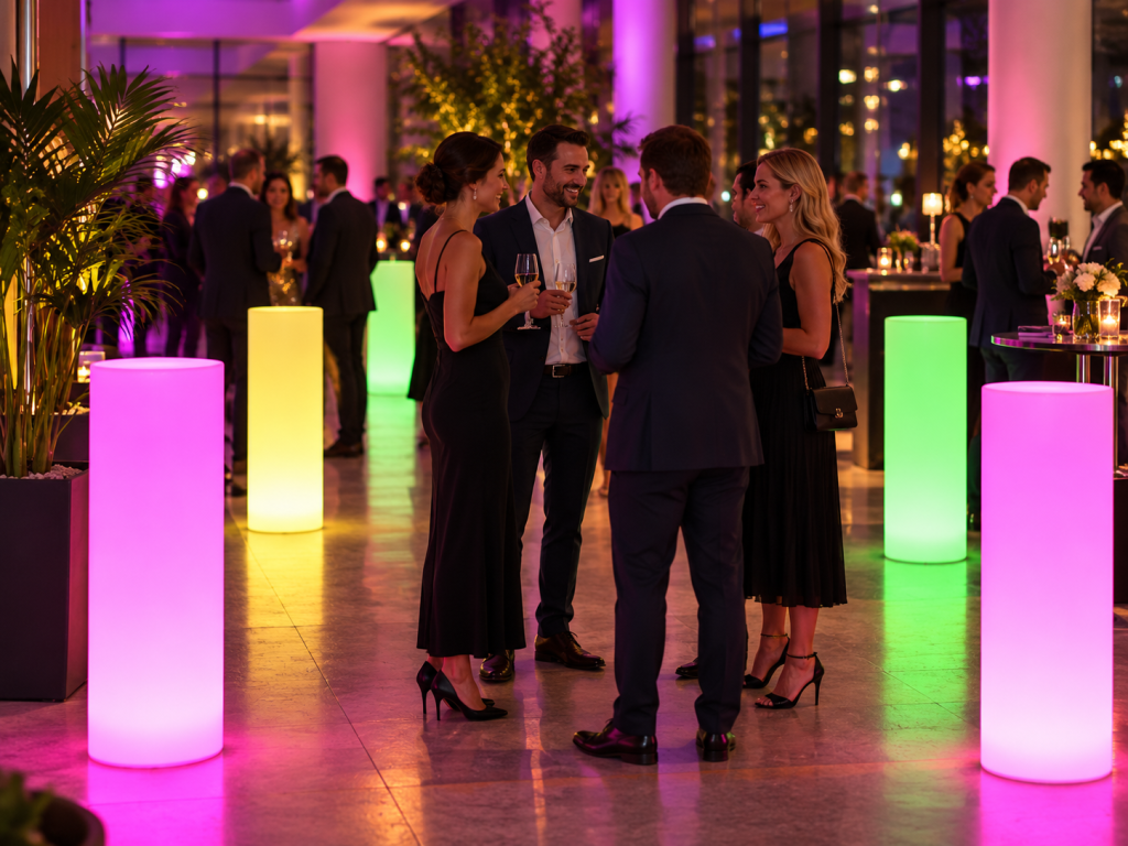 Colonnes lumineuses colorées installées dans une salle de réception