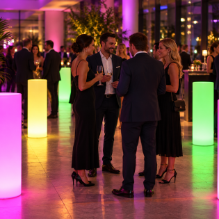 Colonnes lumineuses colorées installées dans une salle de réception