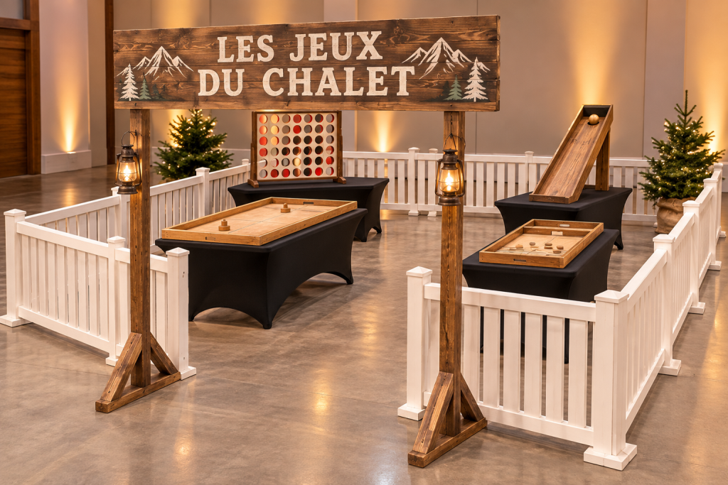 Espace de jeux en bois avec barrières blanches, tables en lycra noir et portique Les jeux du chalet