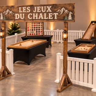 Espace de jeux en bois avec barrières blanches, tables en lycra noir et portique Les jeux du chalet