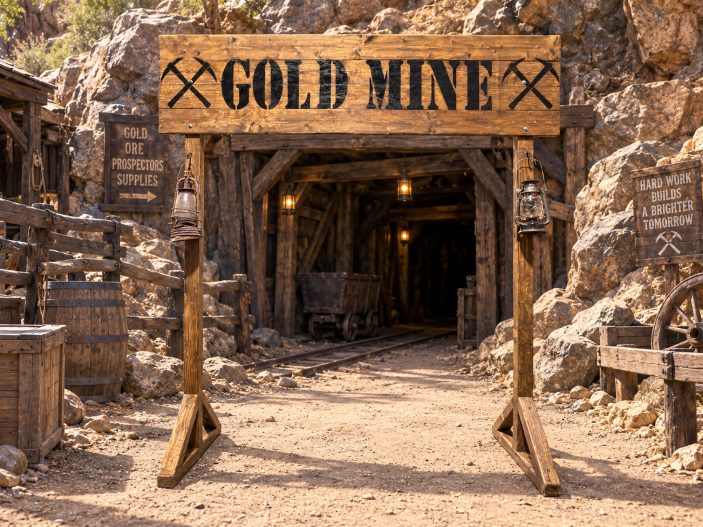 Décor Mine d’Or Far West en bois avec enseigne Gold Mine
