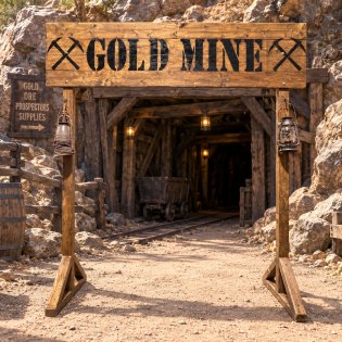 Décor Mine d’Or Far West en bois avec enseigne Gold Mine